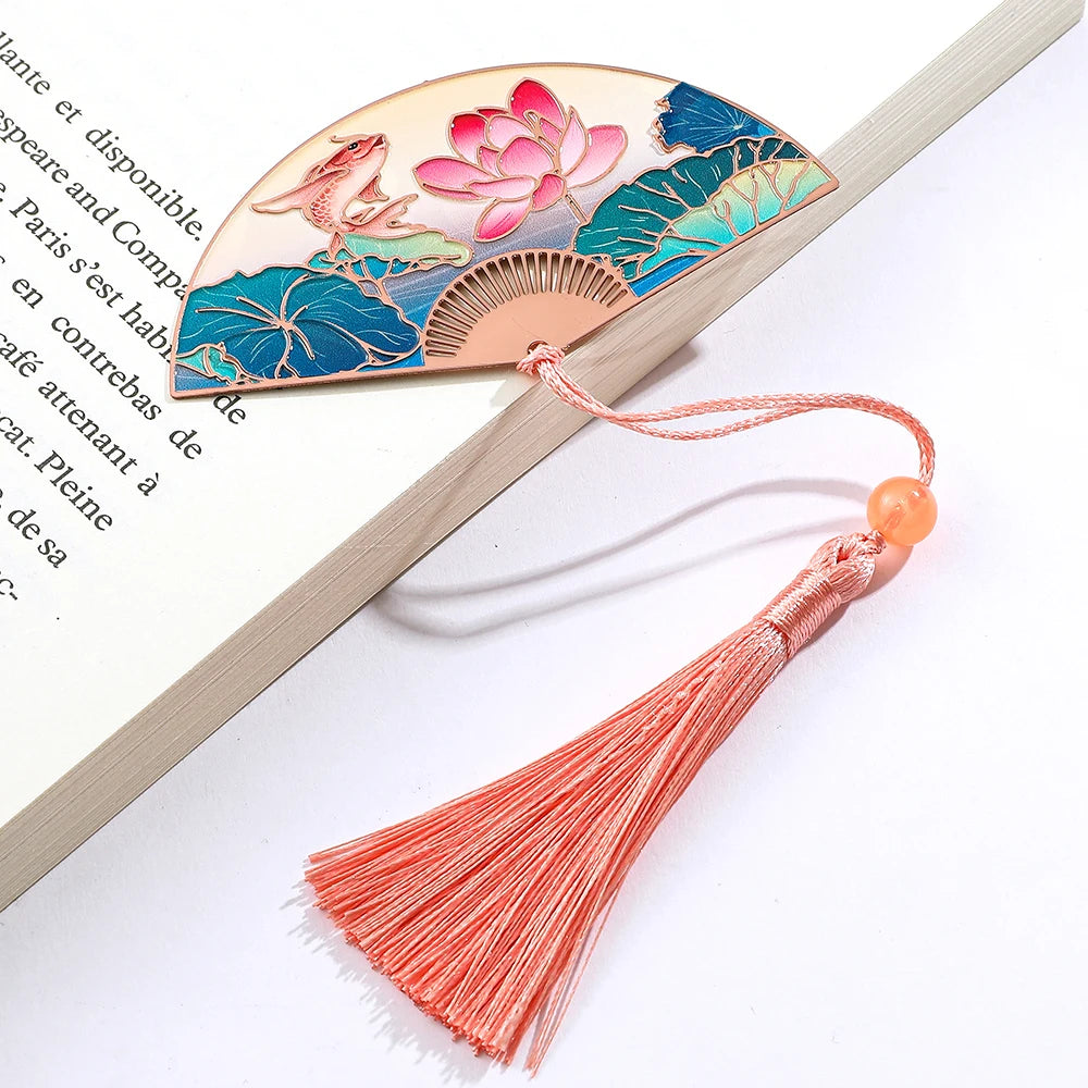 Chinese Style Lotus Flower Carp Fish Fan Design Bookmark with Pink Tassel Reading Supplies Gifts for Friends Book Lover
