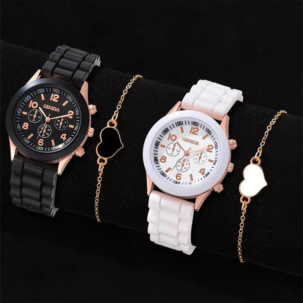 2 Black And White Rubber Straps Circular Dial Quartz Watch And 2 Combination Bracelets Suitable For Daily Life