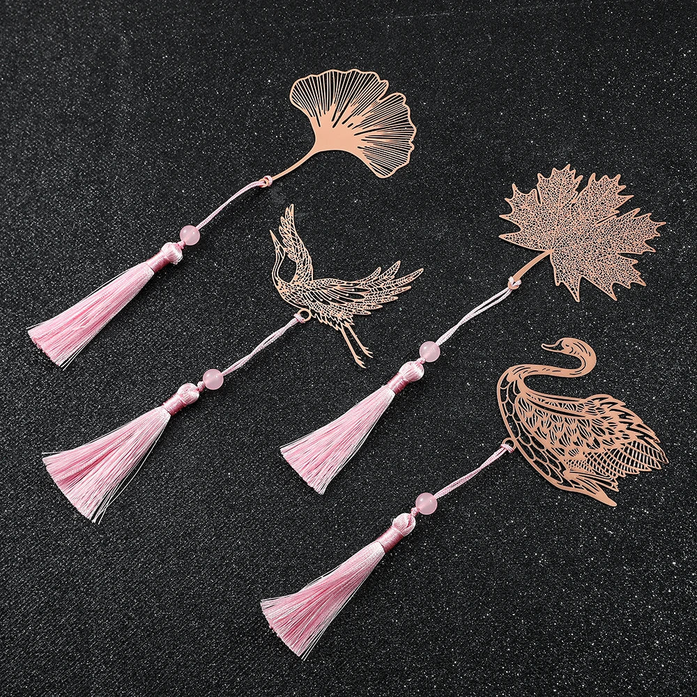 10 Styles Rose Gold Color Hollow Animal Flower Plant Metal Bookmarks with Pink Tassel for Book Lover Mark Gifts Collection