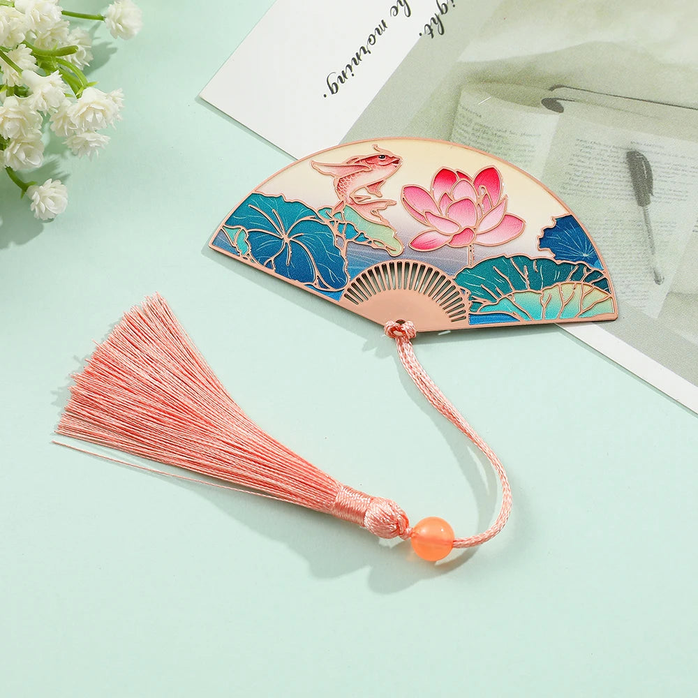Chinese Style Lotus Flower Carp Fish Fan Design Bookmark with Pink Tassel Reading Supplies Gifts for Friends Book Lover