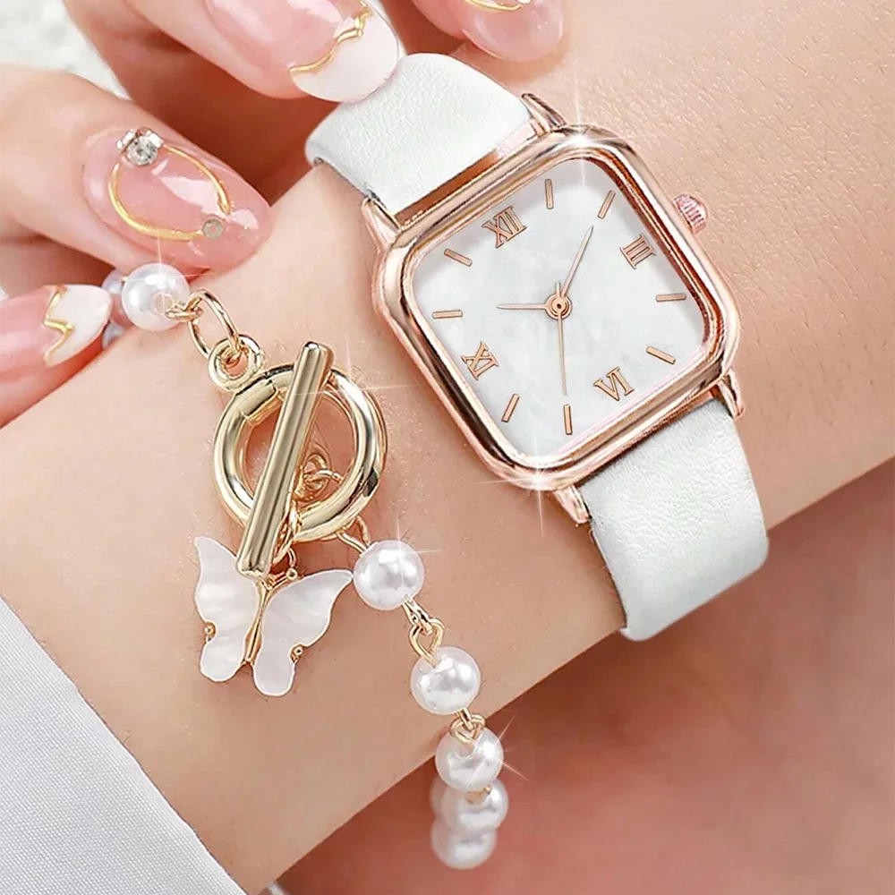 4PCS Fashion Minimalist Watch Luxury Men's and Women's Leather Belt Business Leisure Bracelet Quartz Watch