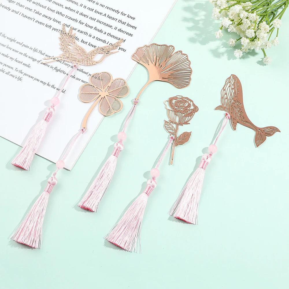10 Styles Rose Gold Color Hollow Animal Flower Plant Metal Bookmarks with Pink Tassel for Book Lover Mark Gifts Collection