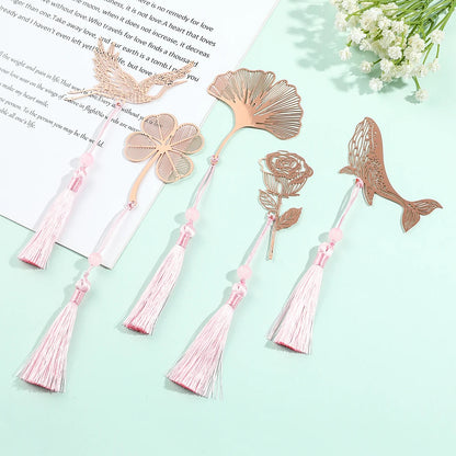 10 Styles Rose Gold Color Hollow Animal Flower Plant Metal Bookmarks with Pink Tassel for Book Lover Mark Gifts Collection