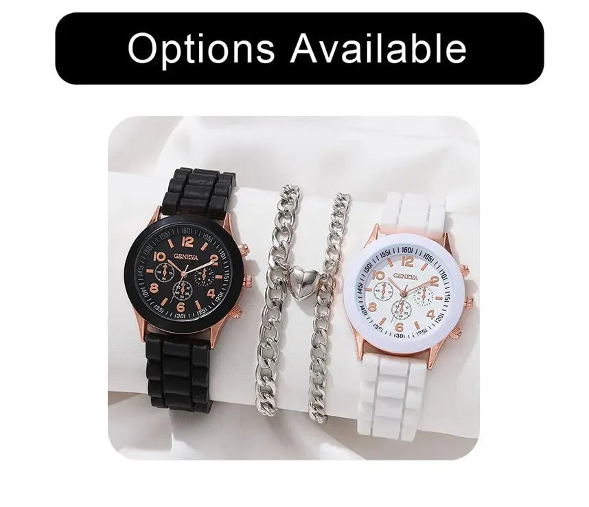 2 Black And White Rubber Straps Circular Dial Quartz Watch And 2 Combination Bracelets Suitable For Daily Life