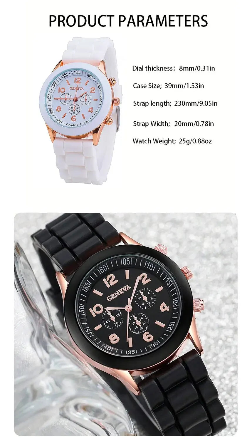 2 Black And White Rubber Straps Circular Dial Quartz Watch And 2 Combination Bracelets Suitable For Daily Life