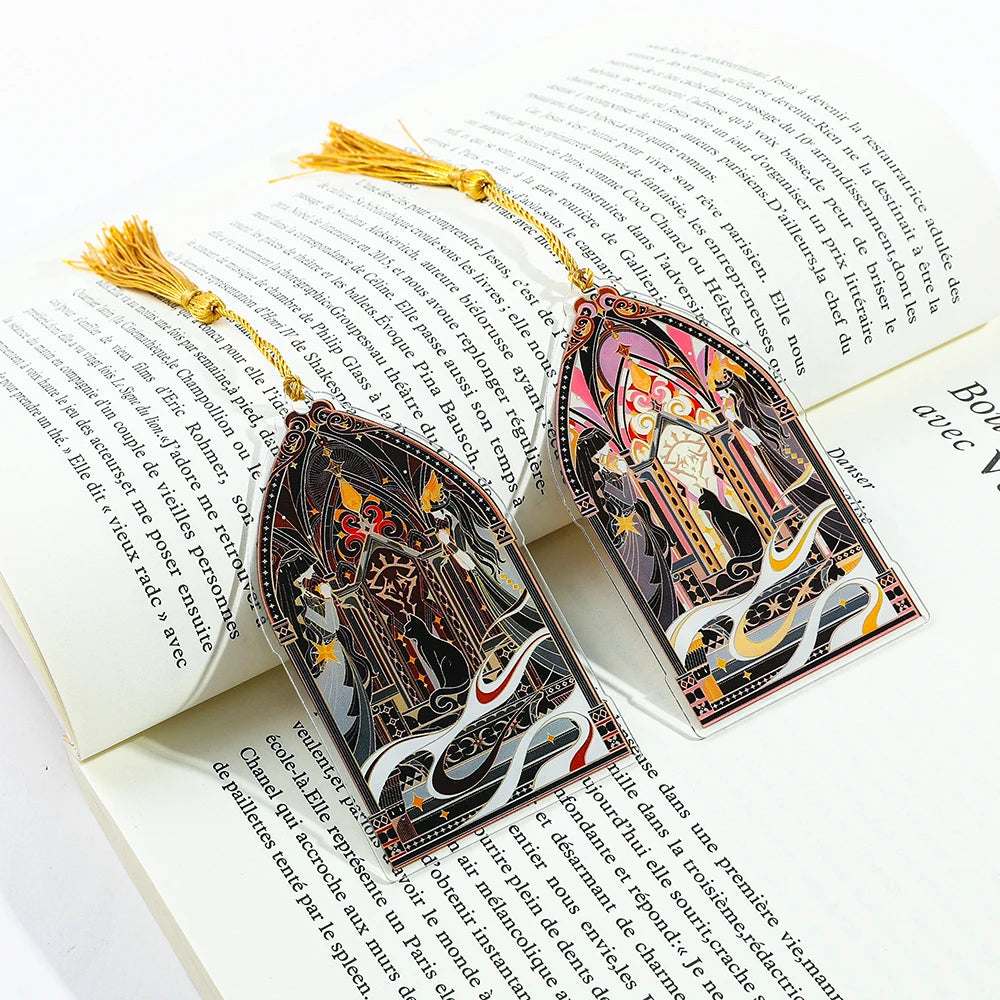 Elegant Classic Black Cat Palace Acrylic Bookmark with Tassel for Reading Women Men Halloween Party Decor Books Accessories Gift