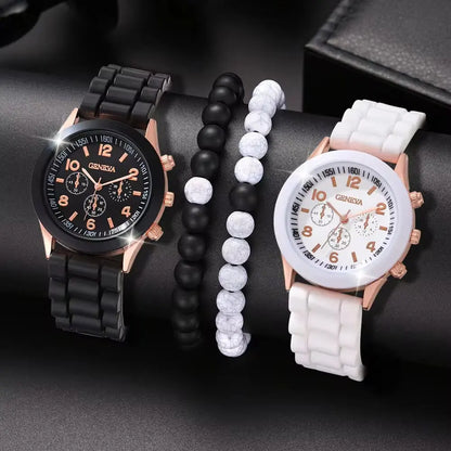 2 Black And White Rubber Straps Circular Dial Quartz Watch And 2 Combination Bracelets Suitable For Daily Life