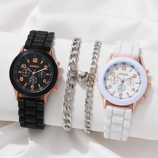 2 Black And White Rubber Straps Circular Dial Quartz Watch And 2 Combination Bracelets Suitable For Daily Life