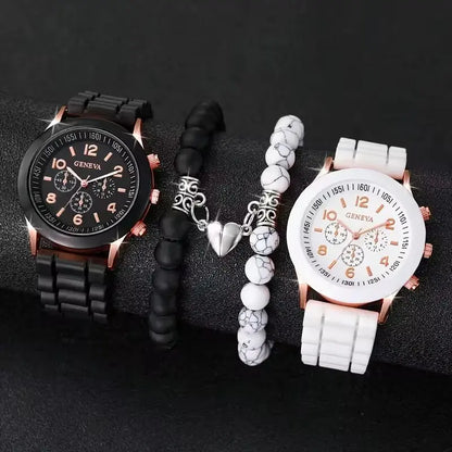 2 Black And White Rubber Straps Circular Dial Quartz Watch And 2 Combination Bracelets Suitable For Daily Life