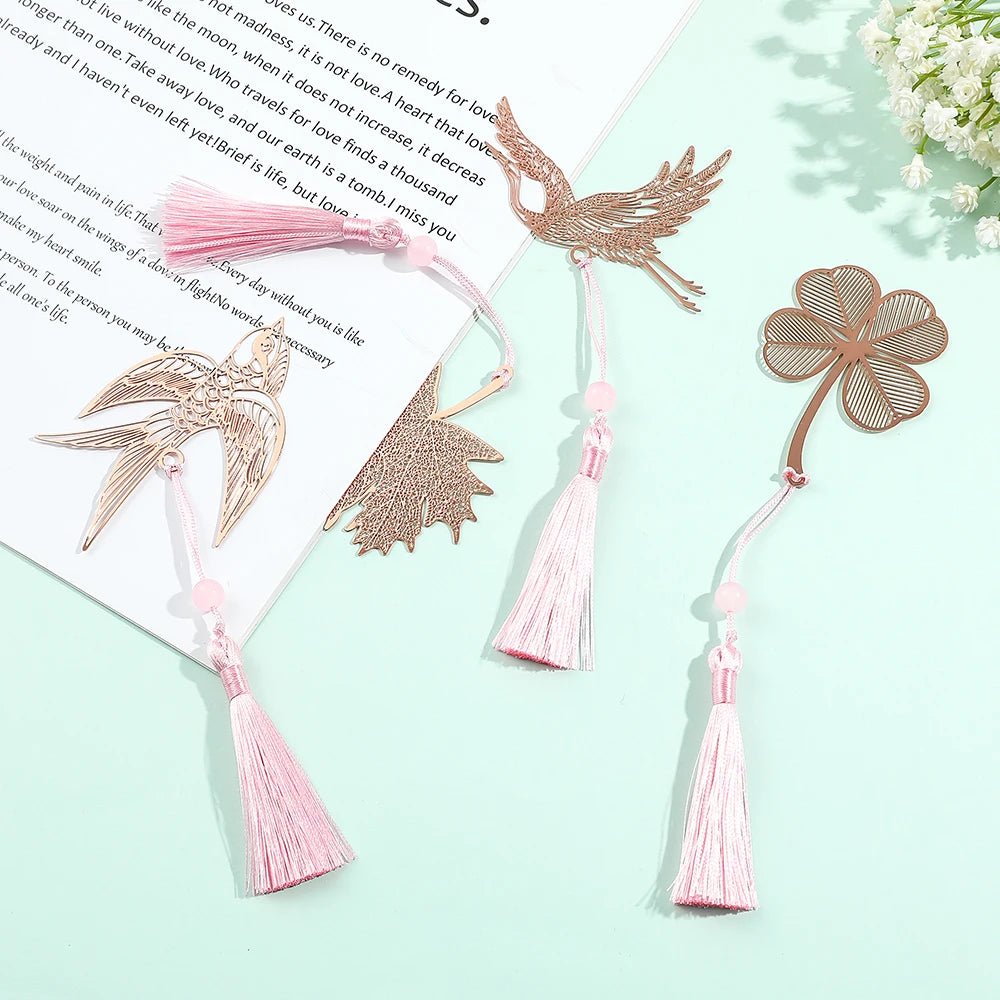 10 Styles Rose Gold Color Hollow Animal Flower Plant Metal Bookmarks with Pink Tassel for Book Lover Mark Gifts Collection