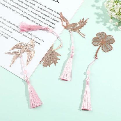 10 Styles Rose Gold Color Hollow Animal Flower Plant Metal Bookmarks with Pink Tassel for Book Lover Mark Gifts Collection