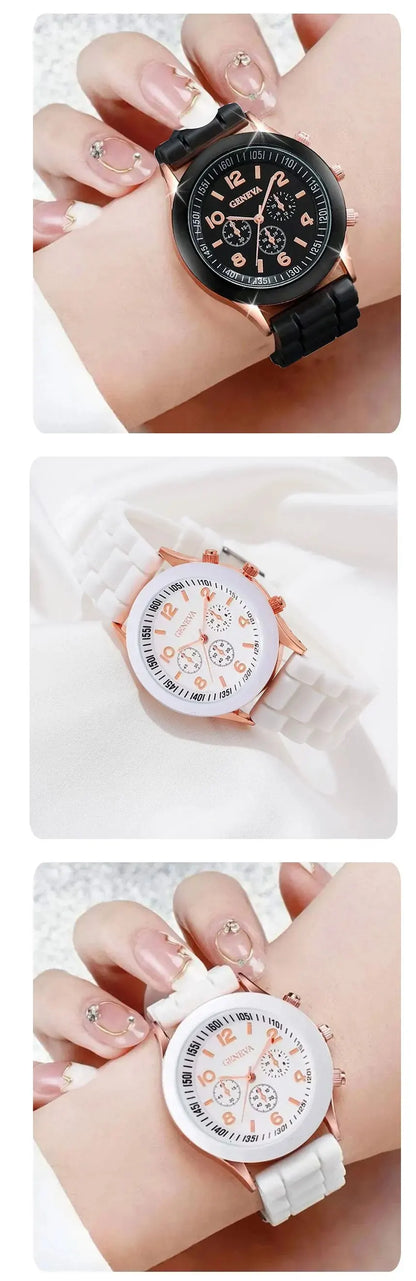 2 Black And White Rubber Straps Circular Dial Quartz Watch And 2 Combination Bracelets Suitable For Daily Life