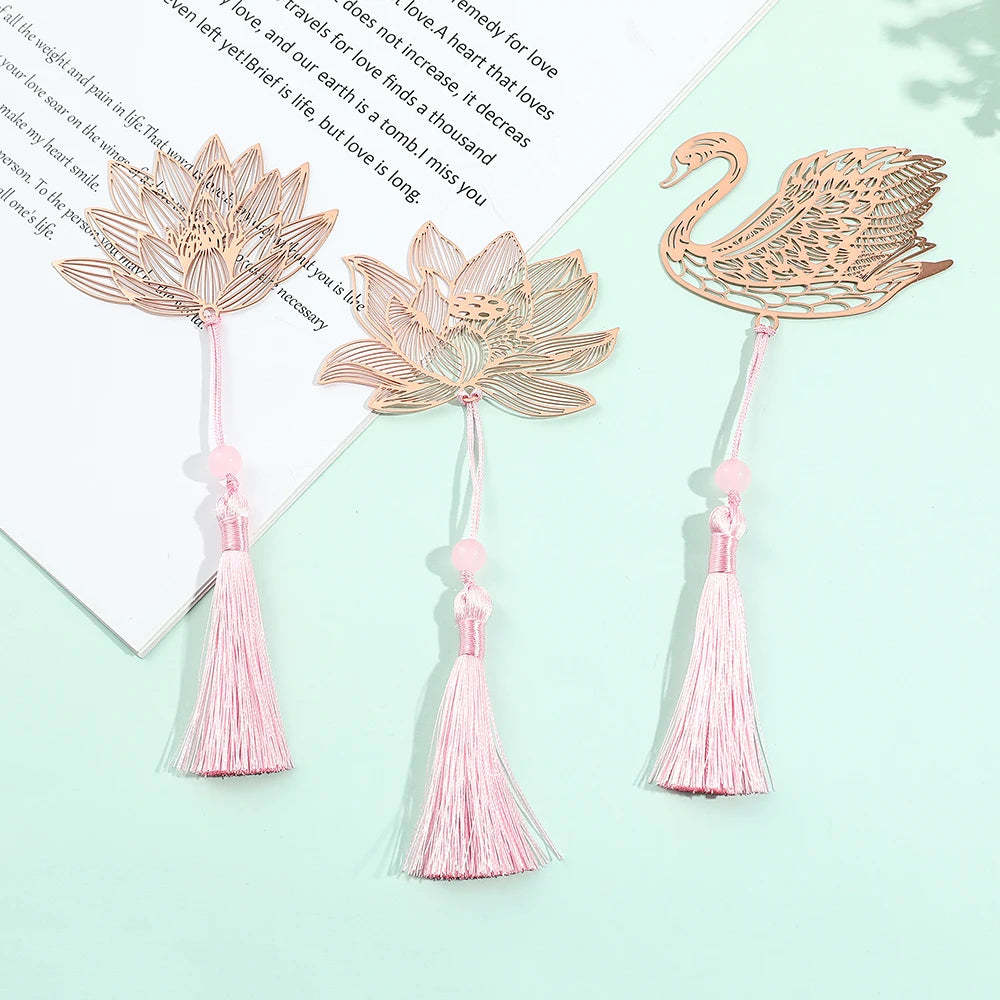 10 Styles Rose Gold Color Hollow Animal Flower Plant Metal Bookmarks with Pink Tassel for Book Lover Mark Gifts Collection