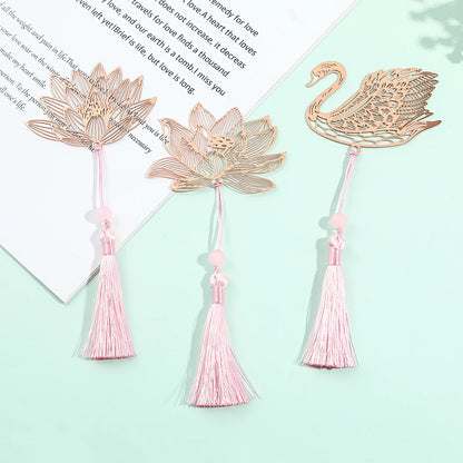10 Styles Rose Gold Color Hollow Animal Flower Plant Metal Bookmarks with Pink Tassel for Book Lover Mark Gifts Collection