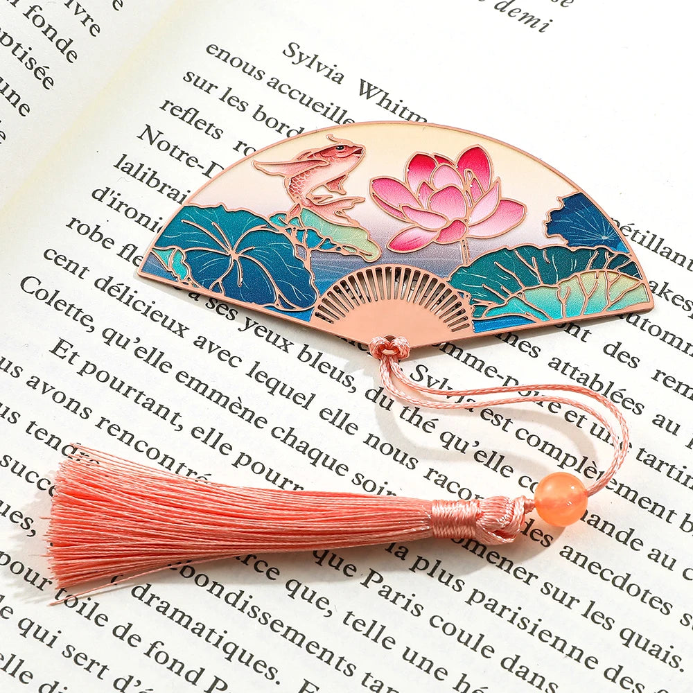 Chinese Style Lotus Flower Carp Fish Fan Design Bookmark with Pink Tassel Reading Supplies Gifts for Friends Book Lover