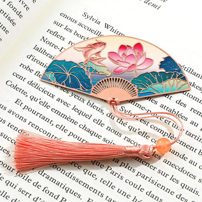 Chinese Style Lotus Flower Carp Fish Fan Design Bookmark with Pink Tassel Reading Supplies Gifts for Friends Book Lover