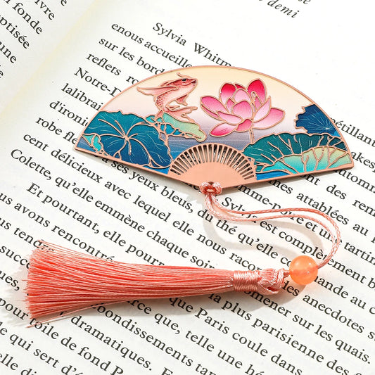 Chinese Style Lotus Flower Carp Fish Fan Design Bookmark with Pink Tassel Reading Supplies Gifts for Friends Book Lover
