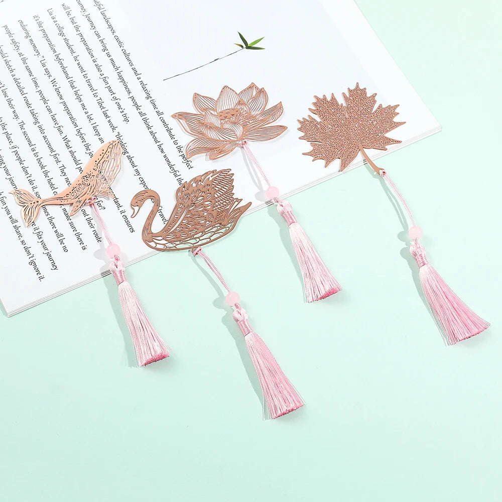 10 Styles Rose Gold Color Hollow Animal Flower Plant Metal Bookmarks with Pink Tassel for Book Lover Mark Gifts Collection