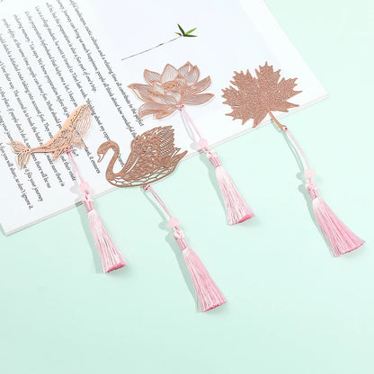 10 Styles Rose Gold Color Hollow Animal Flower Plant Metal Bookmarks with Pink Tassel for Book Lover Mark Gifts Collection
