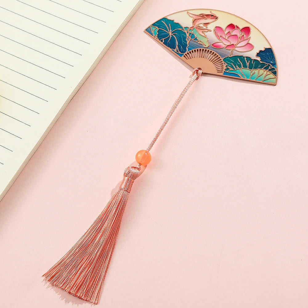 Chinese Style Lotus Flower Carp Fish Fan Design Bookmark with Pink Tassel Reading Supplies Gifts for Friends Book Lover