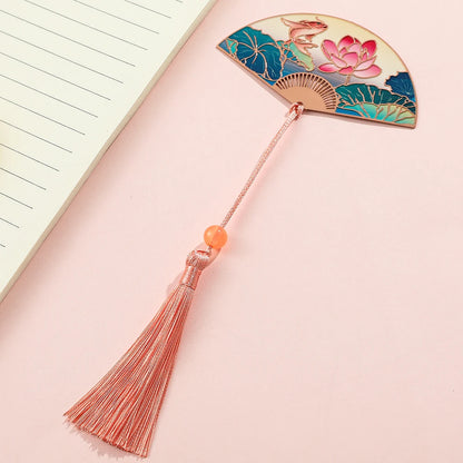Chinese Style Lotus Flower Carp Fish Fan Design Bookmark with Pink Tassel Reading Supplies Gifts for Friends Book Lover