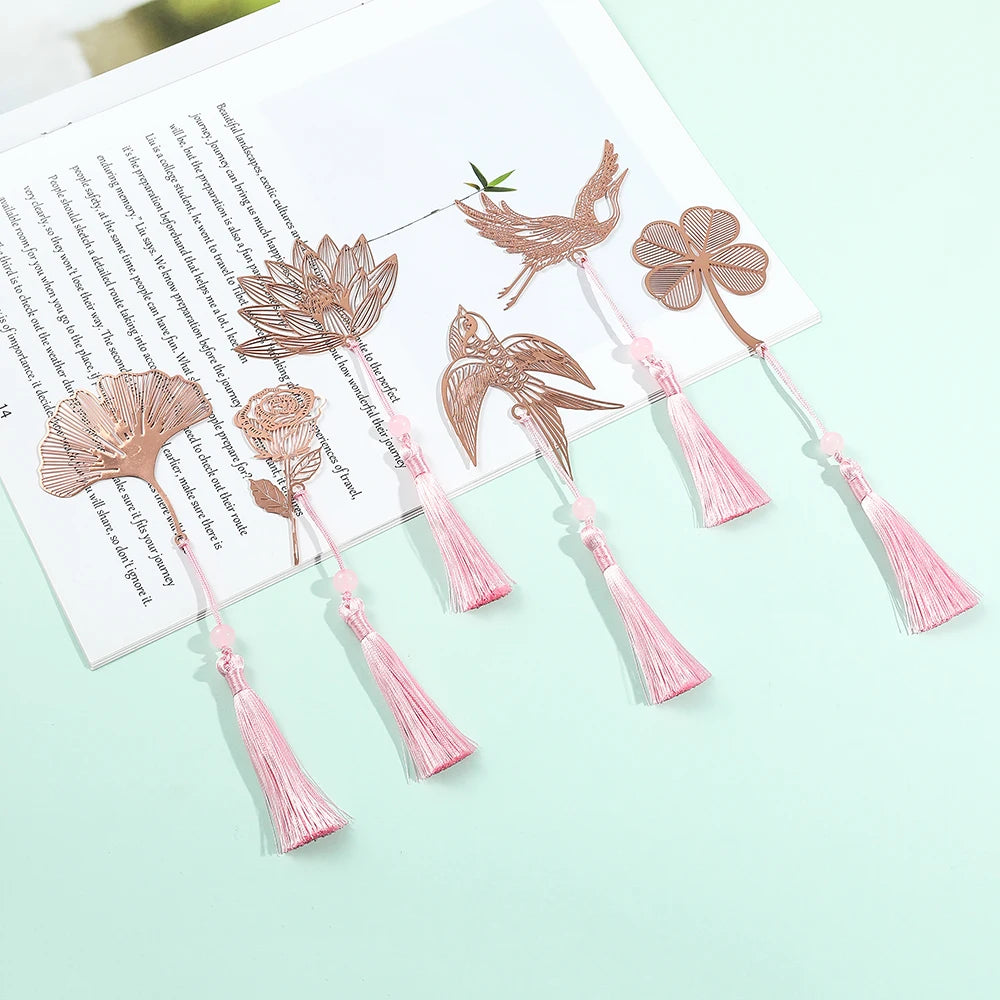 10 Styles Rose Gold Color Hollow Animal Flower Plant Metal Bookmarks with Pink Tassel for Book Lover Mark Gifts Collection