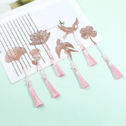 10 Styles Rose Gold Color Hollow Animal Flower Plant Metal Bookmarks with Pink Tassel for Book Lover Mark Gifts Collection