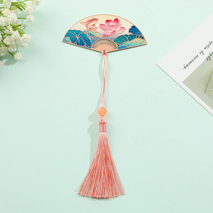 Chinese Style Lotus Flower Carp Fish Fan Design Bookmark with Pink Tassel Reading Supplies Gifts for Friends Book Lover