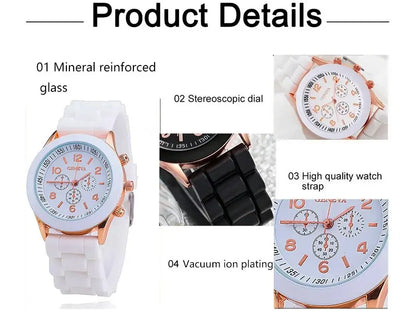 2 Black And White Rubber Straps Circular Dial Quartz Watch And 2 Combination Bracelets Suitable For Daily Life