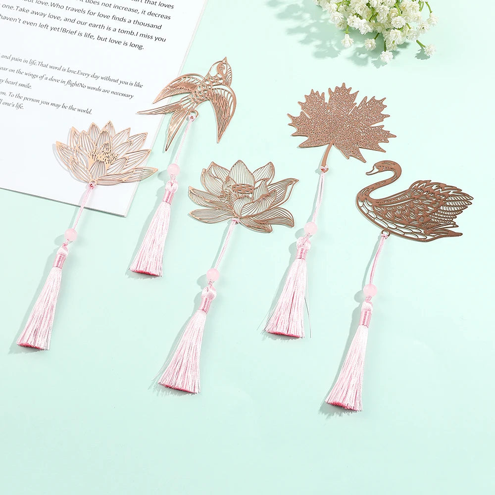 10 Styles Rose Gold Color Hollow Animal Flower Plant Metal Bookmarks with Pink Tassel for Book Lover Mark Gifts Collection