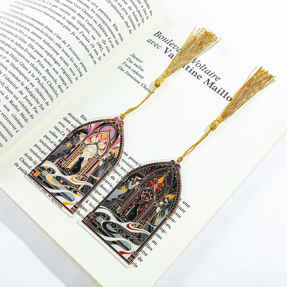 Elegant Classic Black Cat Palace Acrylic Bookmark with Tassel for Reading Women Men Halloween Party Decor Books Accessories Gift