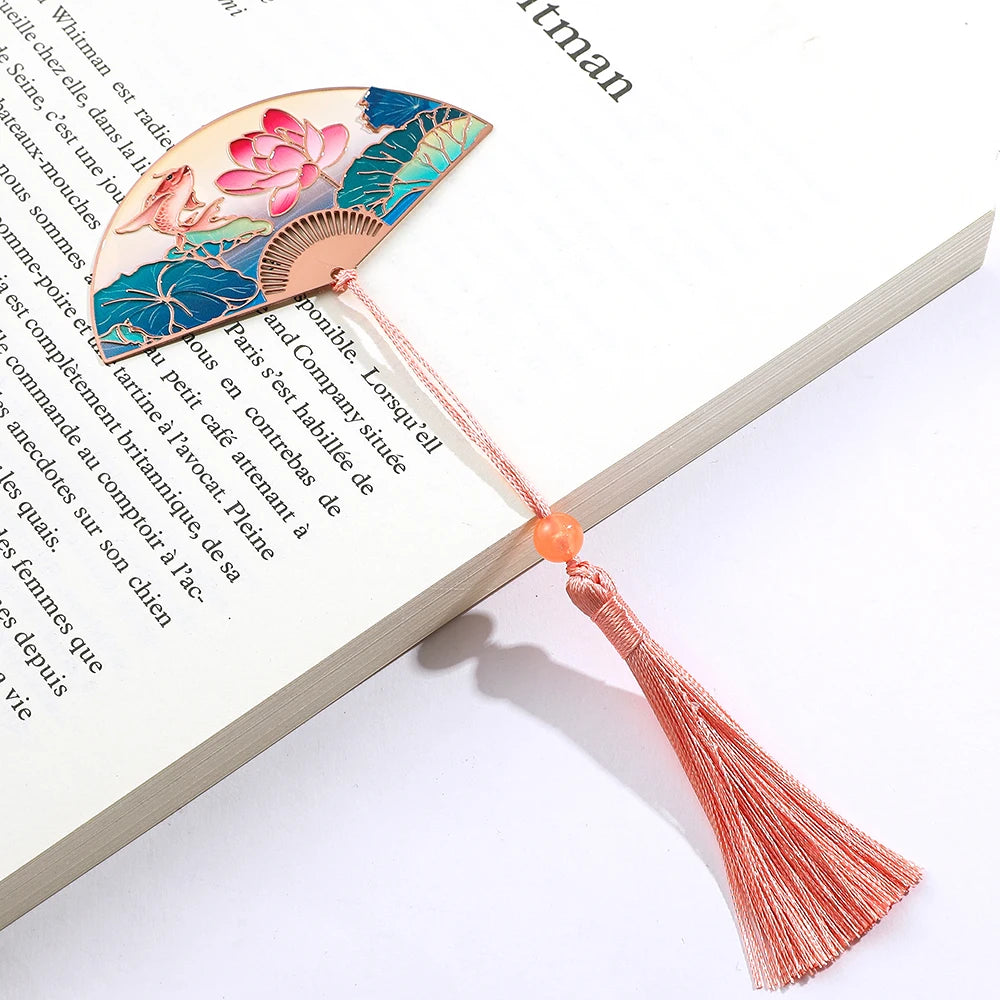 Chinese Style Lotus Flower Carp Fish Fan Design Bookmark with Pink Tassel Reading Supplies Gifts for Friends Book Lover