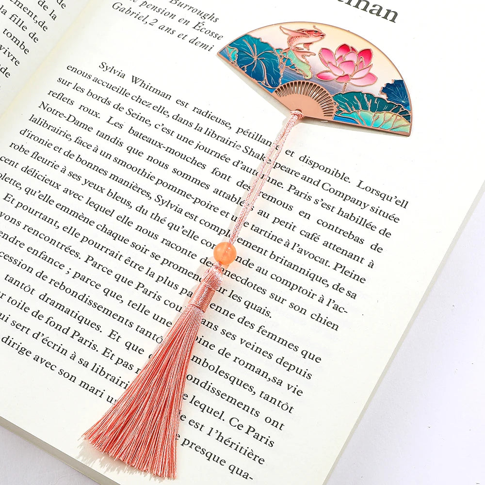 Chinese Style Lotus Flower Carp Fish Fan Design Bookmark with Pink Tassel Reading Supplies Gifts for Friends Book Lover