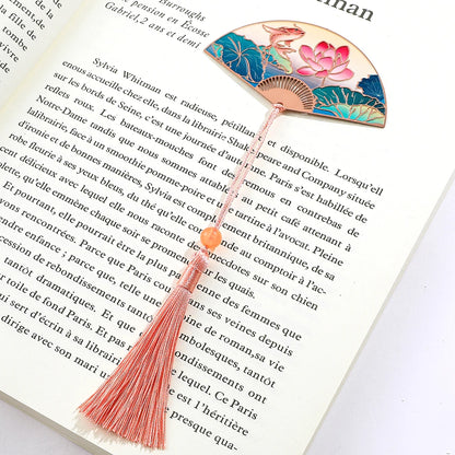Chinese Style Lotus Flower Carp Fish Fan Design Bookmark with Pink Tassel Reading Supplies Gifts for Friends Book Lover