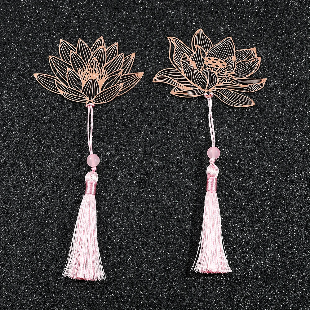 10 Styles Rose Gold Color Hollow Animal Flower Plant Metal Bookmarks with Pink Tassel for Book Lover Mark Gifts Collection