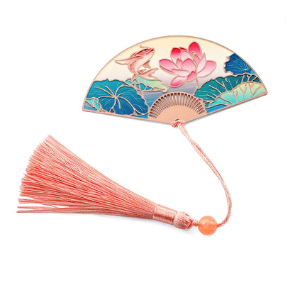Chinese Style Lotus Flower Carp Fish Fan Design Bookmark with Pink Tassel Reading Supplies Gifts for Friends Book Lover