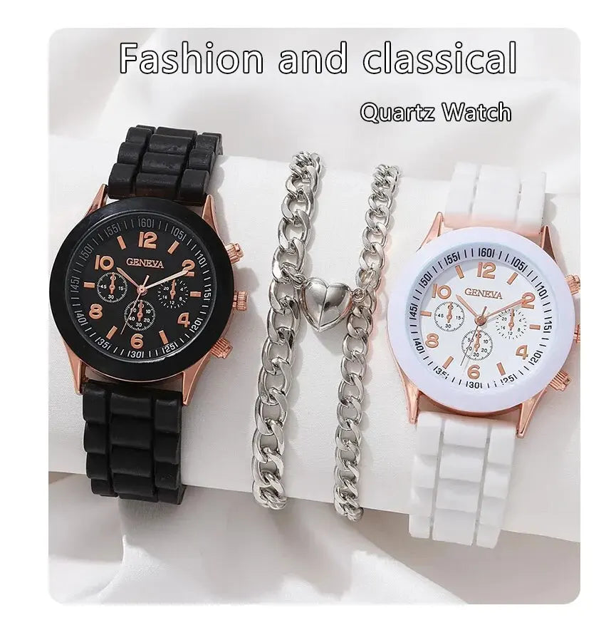 2 Black And White Rubber Straps Circular Dial Quartz Watch And 2 Combination Bracelets Suitable For Daily Life