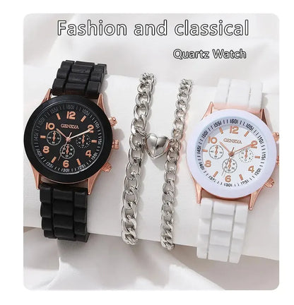 2 Black And White Rubber Straps Circular Dial Quartz Watch And 2 Combination Bracelets Suitable For Daily Life