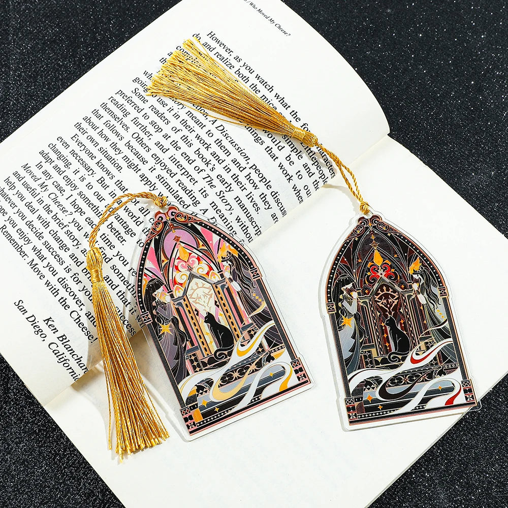 Elegant Classic Black Cat Palace Acrylic Bookmark with Tassel for Reading Women Men Halloween Party Decor Books Accessories Gift