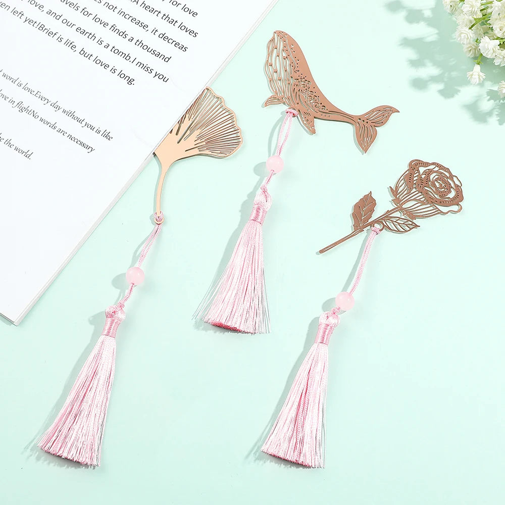 10 Styles Rose Gold Color Hollow Animal Flower Plant Metal Bookmarks with Pink Tassel for Book Lover Mark Gifts Collection