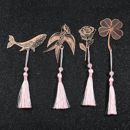 10 Styles Rose Gold Color Hollow Animal Flower Plant Metal Bookmarks with Pink Tassel for Book Lover Mark Gifts Collection